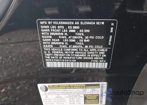 2016 Volkswagen Touareg Vr6 Lux из США, поврежденный, VIN WVGEF9BP1GD012109